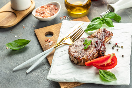 Appetizing grilled pork. Healthy food concept. place for text, top view.の写真素材