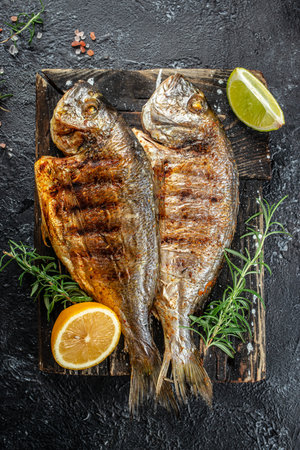 delicious grilled dorado or sea bream fish with lemon. vertical image. top view. place for text.の写真素材