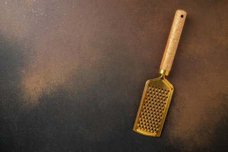 A metal grater with a wooden handle. culinary background, top view.の写真素材