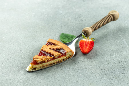 Piece of strawberry pie on a light background, banner, menu, recipe place for text, top view,の写真素材