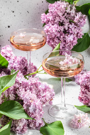 Rose wine in glass with blooming lilac on a light background,の写真素材