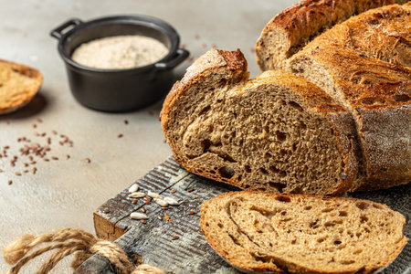 sliced bread. baked bread. Craft bakery on wooden board, banner, menu, recipe place for text, top...