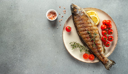 Grilled whole trout, Long banner format. top view,の写真素材