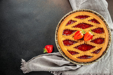 Traditional gourmet strawberry pie tart cake on a dark background, banner, menu, recipe place for text, top view,の写真素材