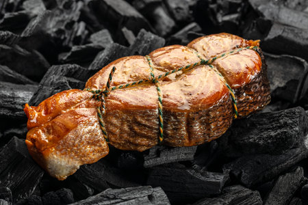 Grilled salmon steak on a dark background, banner, menu, recipe place for text, top view,の写真素材