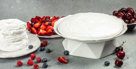 Dessert meringue with berries, cake Pavlova, catering banner menu recipeの写真素材