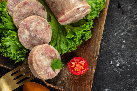 meat in jelly pork, beef meat on a wooden board. place for text, top view.の写真素材