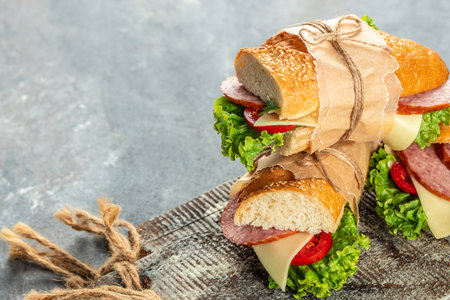 Baguette stuffed with salami, tomato, lettuce and cheese. Delicious sandwich. layered snack Healthy breakfast. place for text.の写真素材