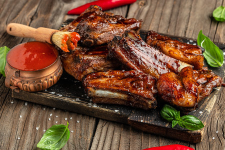 Delicious barbecued ribs seasoned with a spicy sauce, top view. place for text,の写真素材