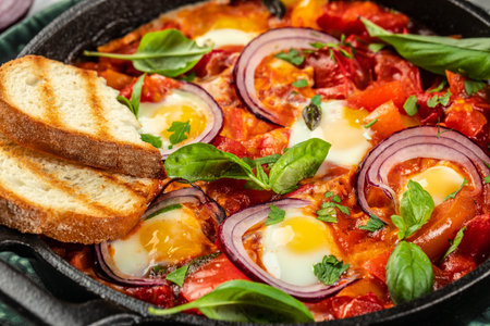 Shakshuka, Fried Eggs in Tomato Sauce in iron frying pan, Food recipe background. Close upの写真素材