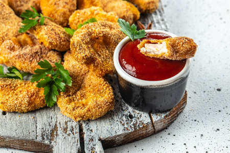 crispy chicken nuggets with ketchup. Food recipe background. close up.の写真素材