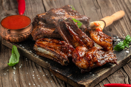 pork ribs grilled with BBQ sauce on a wooden board. Healthy fats, clean eating for weight loss. top view. place for text.の写真素材