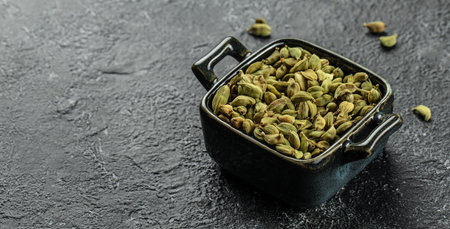 spices cardamom pods with seeds. Long banner format. top view.の写真素材