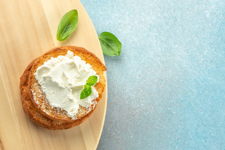 Toasts with cream cheese. banner, menu, recipe place for text, top view.の写真素材