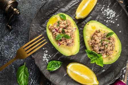 Tuna fish salad with avocado. Clean eating, dieting, vegan food concept. top view. place for text.の写真素材