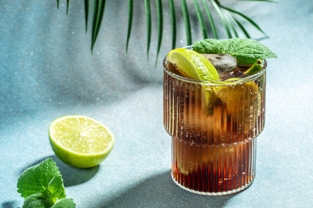 Alcohol cocktail cuba libre with rum, cola, mint and lime in the glass a light background, cookbook recipe top view,の写真素材