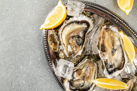 raw oysters on a platter on a light background top view. place for text,
