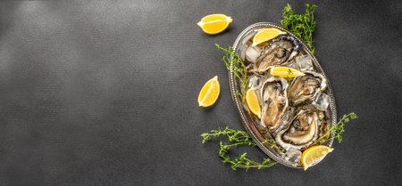 Fresh opened oyster with lemon and ice on a dark background, Long banner format. top view,の写真素材