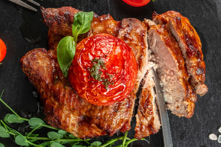 Juicy steak medium rare beef with tomatoes, Restaurant menu, dieting, cookbook recipe top view,の写真素材