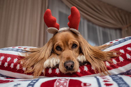 The beagle dogs head is in a stack of blankets and pillows with Christmas pictures. Cold air temperature at home. The concept of heating a house in cold winterの写真素材