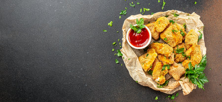 Chicken nuggets with ketchup, Long banner format. top view,の写真素材