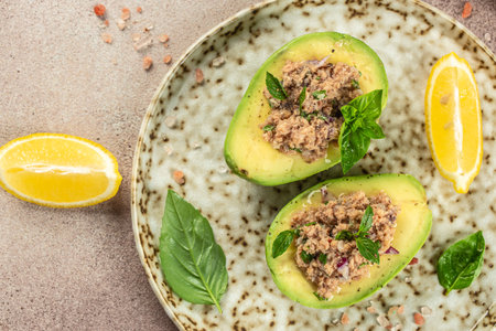 Salad of avocado and tuna on a light background top view. place for text,の写真素材