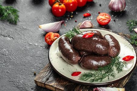 blood sausage, Spanish black pudding on a dark background. top view. place for text,の写真素材
