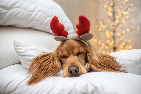 Dog wearing reindeer antlers headband sits in a pile of blankets and pillows against the background of a garland, New year and Christmas concept,の写真素材