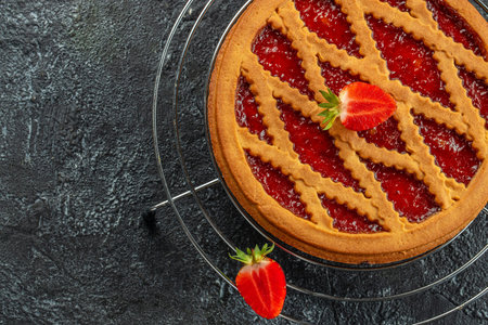 berry pie with strawberries, Italian homemade crostata on a dark background. top view. copy space for text,の写真素材