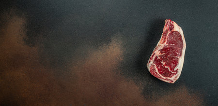 New York steak with salt and rosemary, raw marbled beef strip loin steak on a dark background, Long banner format. top view,の写真素材