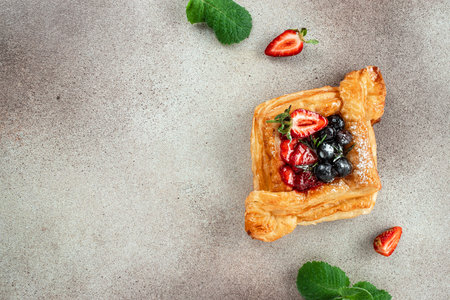 square fruit filled French puff pastry dessert with berries on a light background. banner, menu, recipe copy space, top view.の写真素材