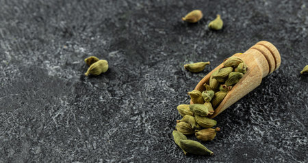 spices cardamom pods with seeds. Long banner format. top view.の写真素材