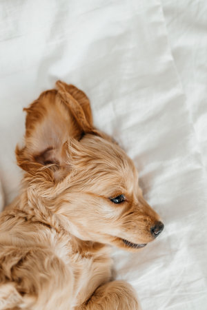 Cute playful doggy or pet Cocker Spaniel puppy dog on white bed. Funny moments of a dog.の写真素材