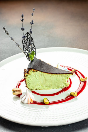 Green pistachio cake, dessert, vertical image. top view. copy space for text.