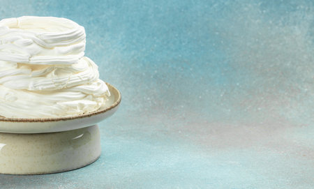 Large meringue Pavlova cake. Baking at home, Long banner format,の写真素材