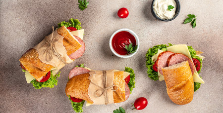 delicious baguette sandwiches with bacon, cheddar cheese, lettuce and vegetables. Long banner format. top view. copy space for text.の写真素材