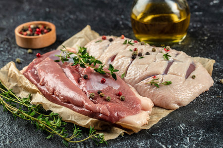 Fresh duck meat, raw breast steak on a dark background. Food recipe background. Close up.の写真素材