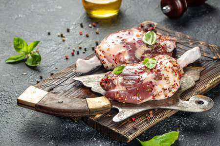 Raw duck leg thighs set with old butcher cleaver knife on a dark background. top view. copy spaceの写真素材