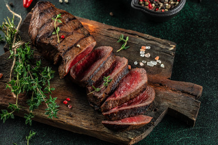 Cooked beef meat steak sliced on a wooden board, top view. copy space,の写真素材