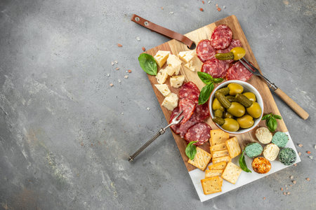 antipasti platter with assortment of salami, cheese and olives on a light background top view. copy space.の写真素材