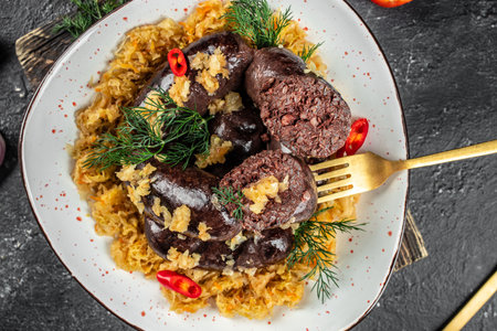 spanish sausage, blood sausage with sauerkraut. Food recipe background. Close up.の写真素材