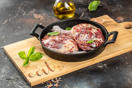Raw meat, duck legs. Restaurant menu, dieting, cookbook recipe top view.の写真素材
