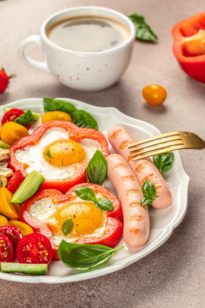 Breakfast sausages with fried eggs, roasted sausages, tomatoes, mushrooms and vegetables. vertical image. top view.の写真素材