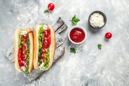 Hot dog with sausage in a bun with sauces on a light background, Fast food menu for kids, top view,の写真素材