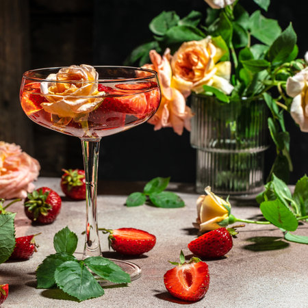 Delicious rose wine in glasses, fresh red strawberries roses flowers.の写真素材
