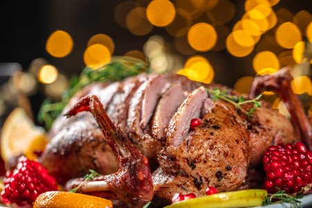 Christmas Roast duck breast with fruits. Concept food menu.の写真素材