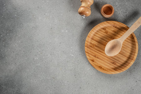 kitchen background of cooking menu, kitchen utensils on wooden board. banner, menu, recipe copy space, top view.の写真素材