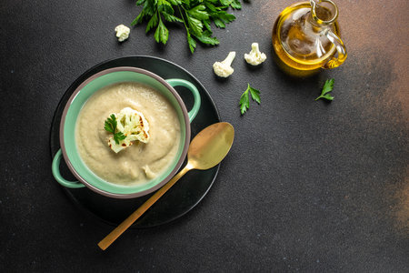Cream soup with cauliflower on a dark background. top view. copy space for text,の写真素材