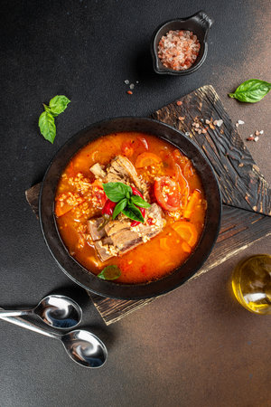 bulgur soup with tomatoes and ribs in bowl. Restaurant menu, dieting, cookbook recipe top view.の写真素材