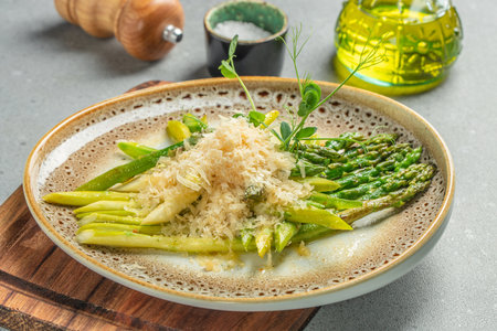 roasted asparagus dish with parmesan cheese.の写真素材